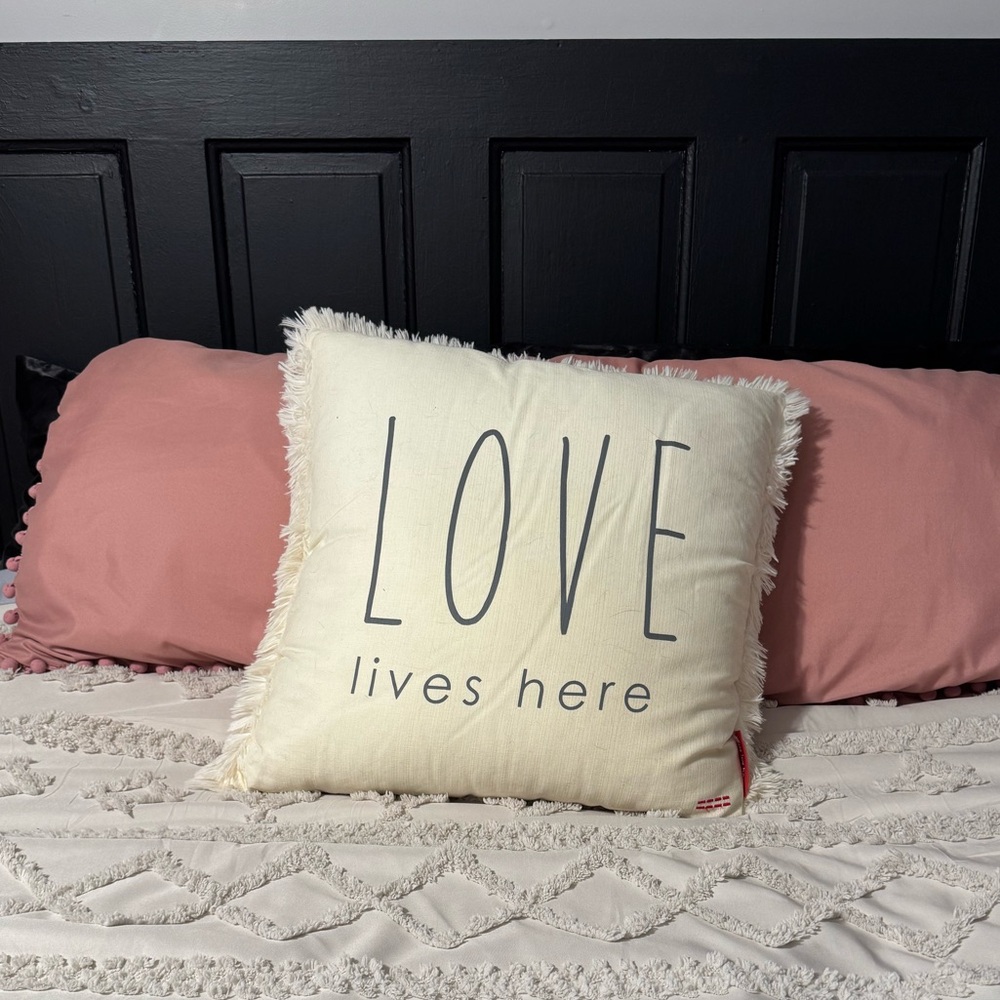 Peace Love World Decorative Pillow with 'Love Lives Here' Text